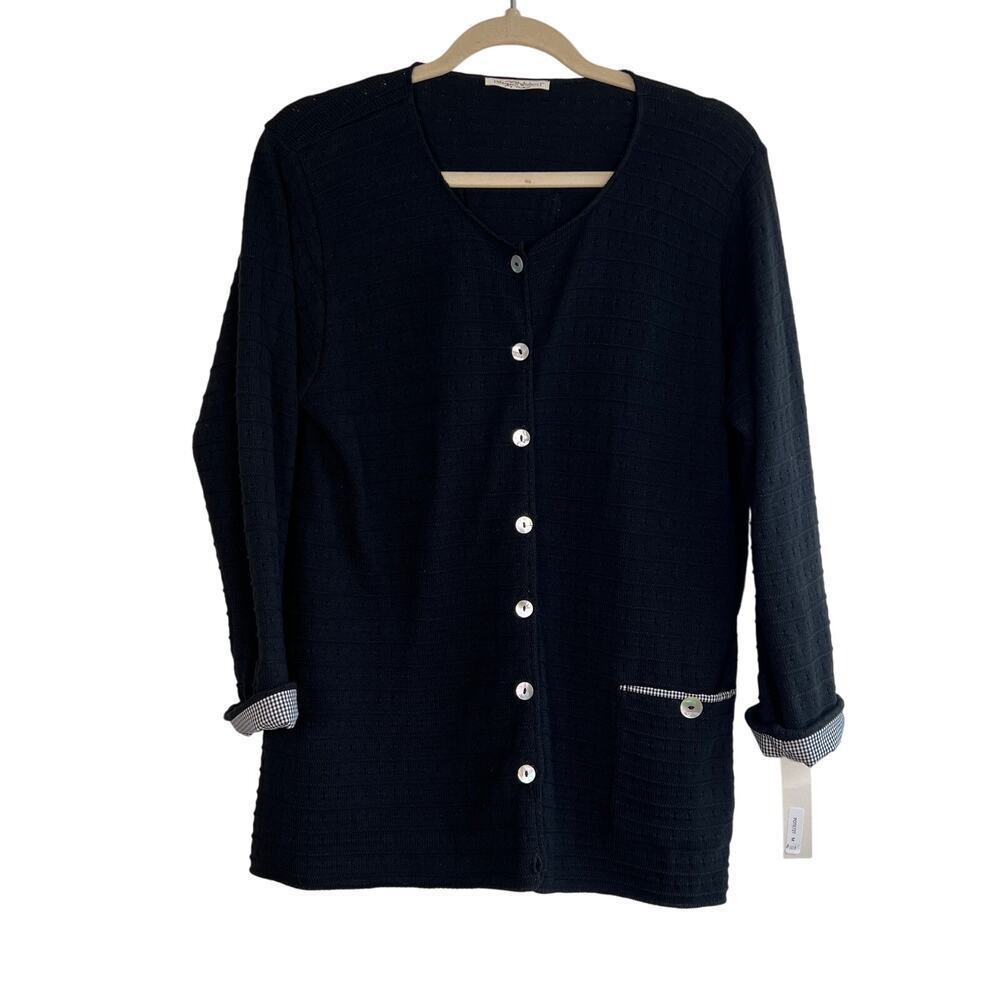 NWT margaret winters checkered trim cardigan in black size medium